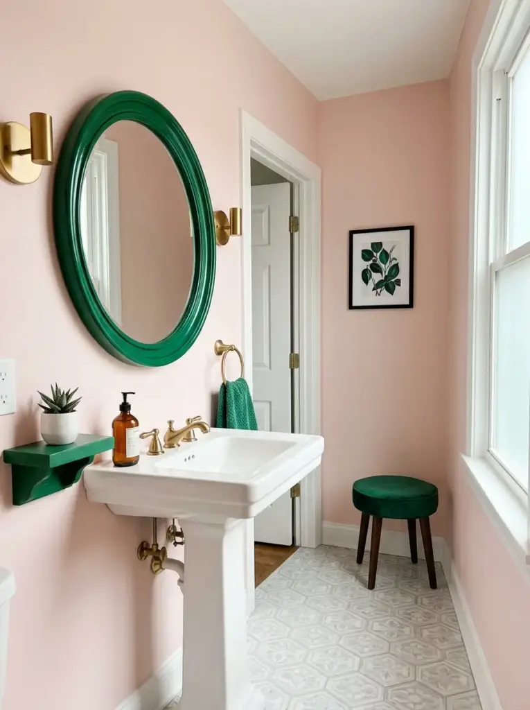 Add Emerald Green Details with Soft Pink Walls