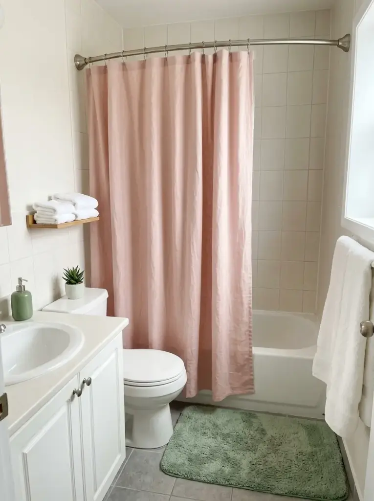 Add a Pink Shower Curtain to a Green Bathroom