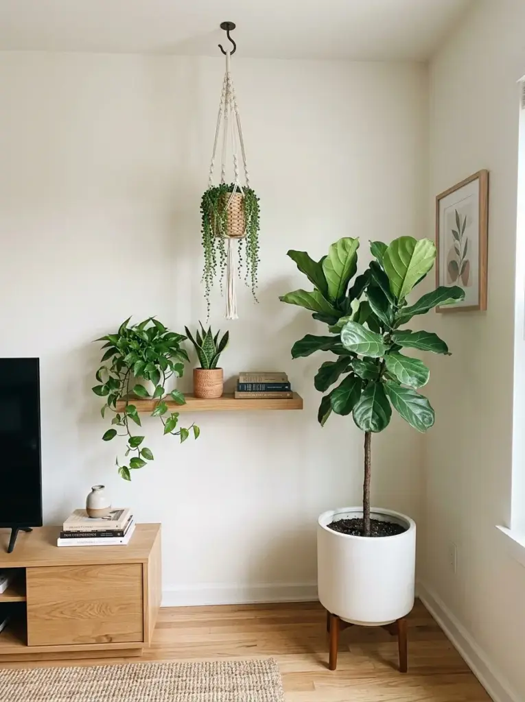 Add plants with wall-mounted or tall floor displays