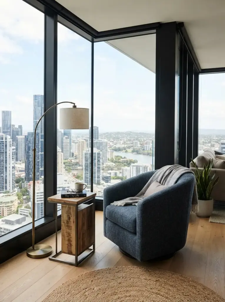 Build a compact window or balcony lounge