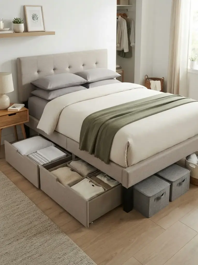 Choose one storage bed as the main anchor