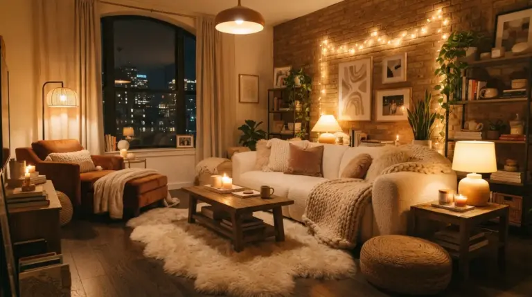 Cozy Apartment Living Room Designs With Plush Textures and Glow
