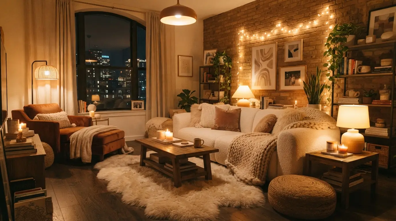 Cozy Apartment Living Room Designs With Plush Textures and Glow