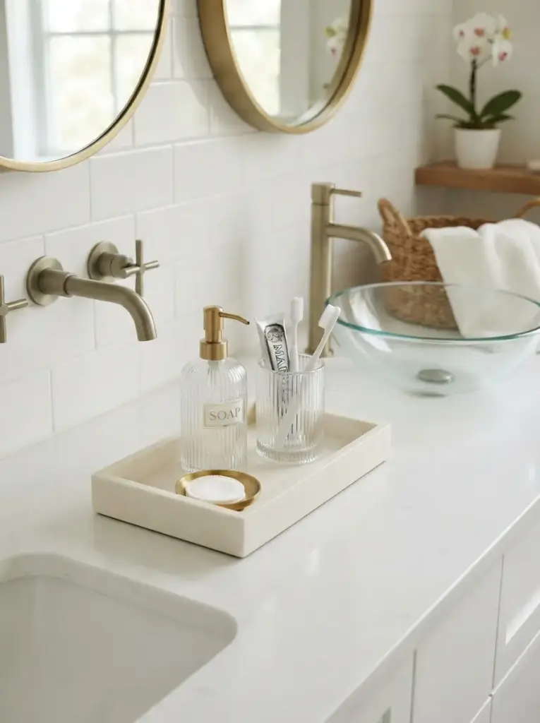 Create a calm vanity zone with a narrow tray