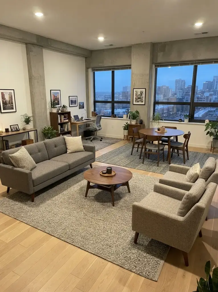 Define open zones with properly sized rugs