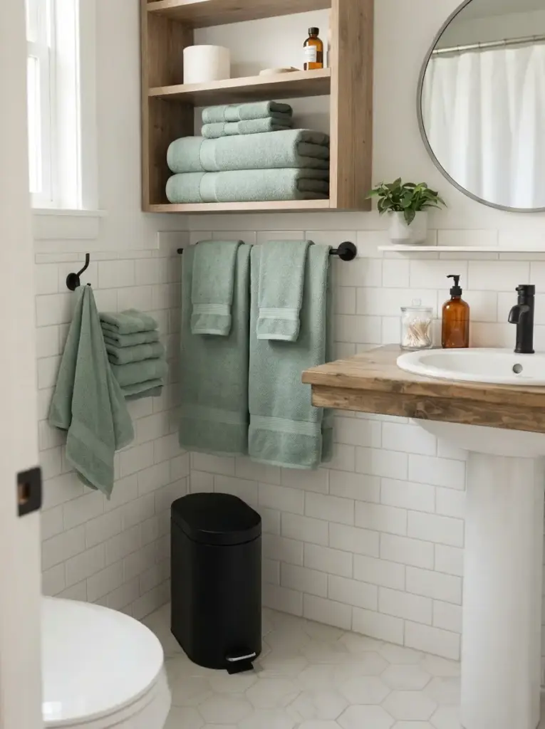 Finish with coordinated towels and a practical bin