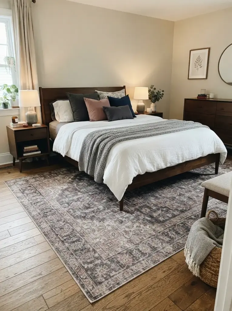 Ground the Layout with a Faded Traditional Rug