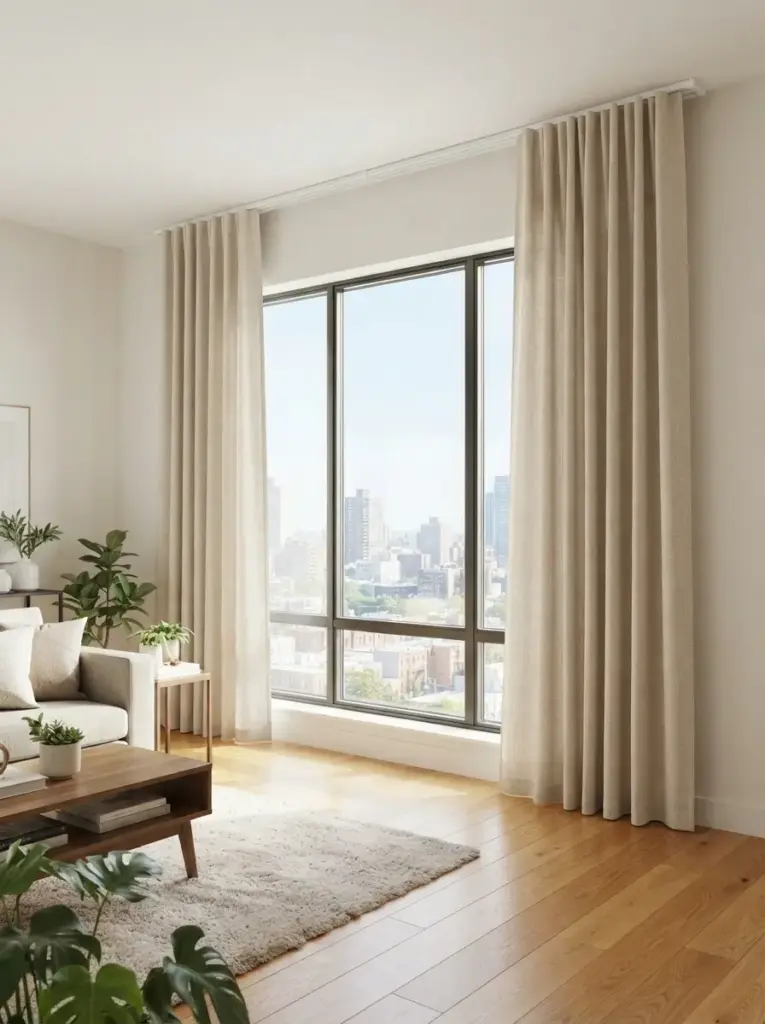Hang curtains high and wider than the frame