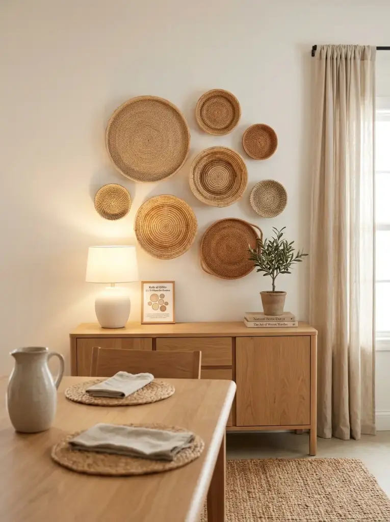 Hang woven baskets or natural wall decor