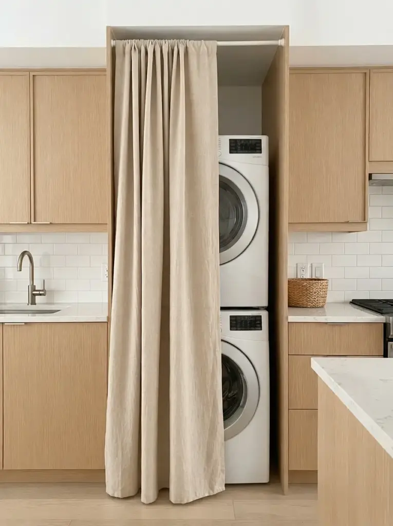 Hide Laundry Behind Curtains or Sliding Panels