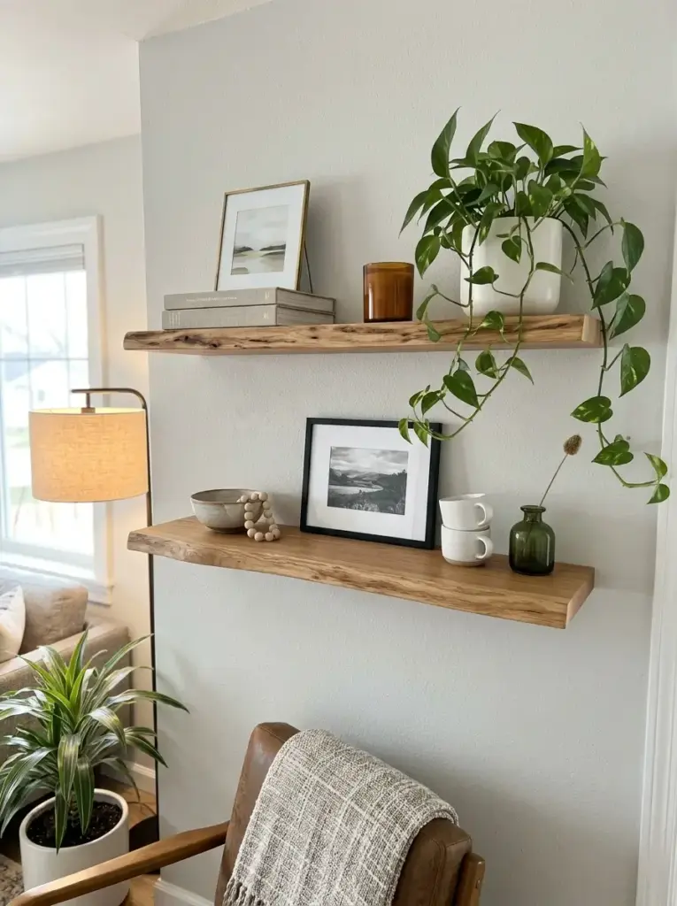 Install floating shelves with styled objects