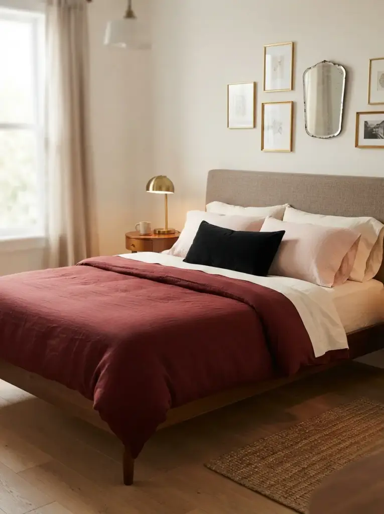 Pair Oxblood Bedding with Soft Neutral Sheets
