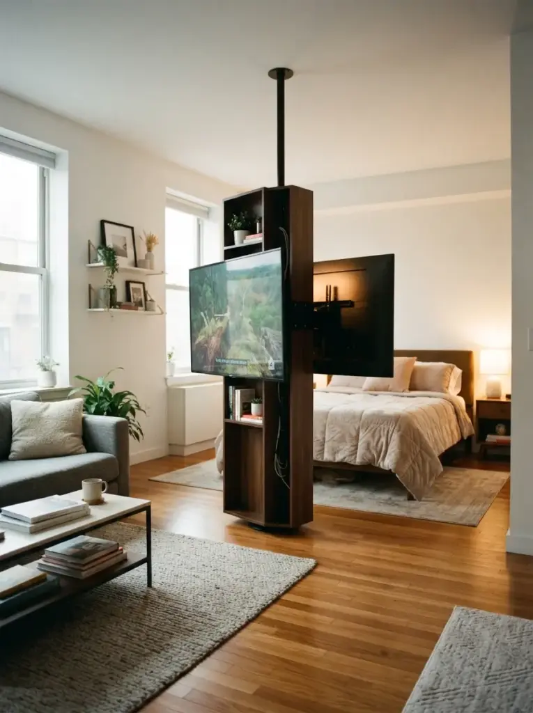 Rotating TV Units Between Bed and Sofa