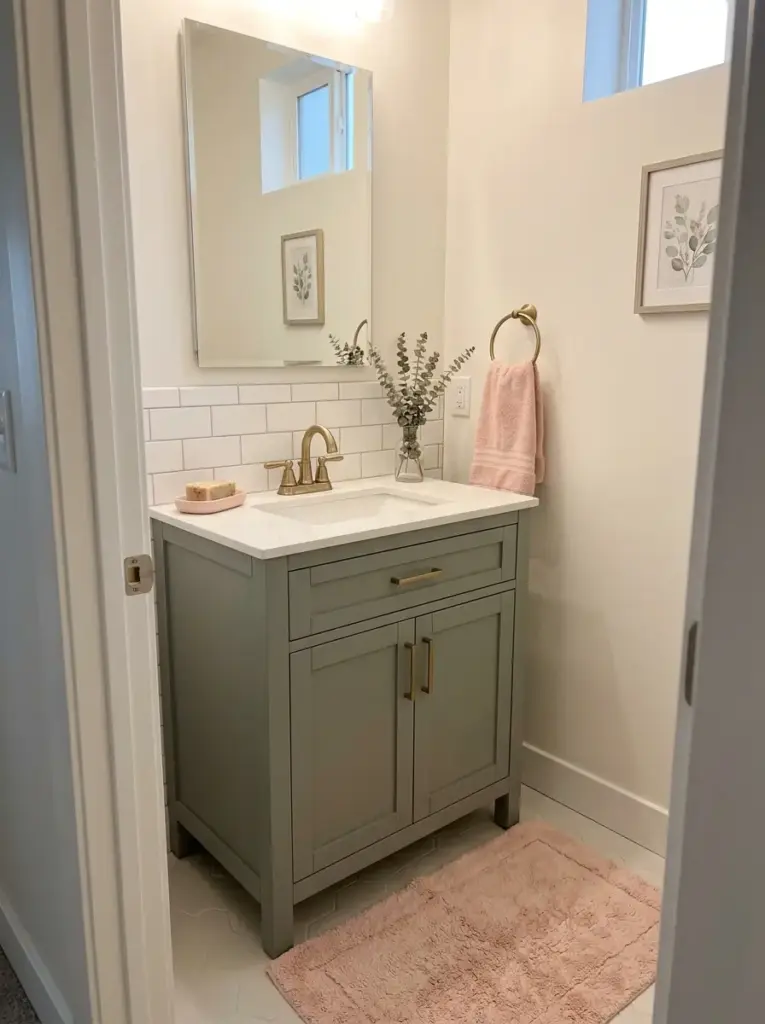 Start with a Sage Green Vanity and Soft Pink Accents