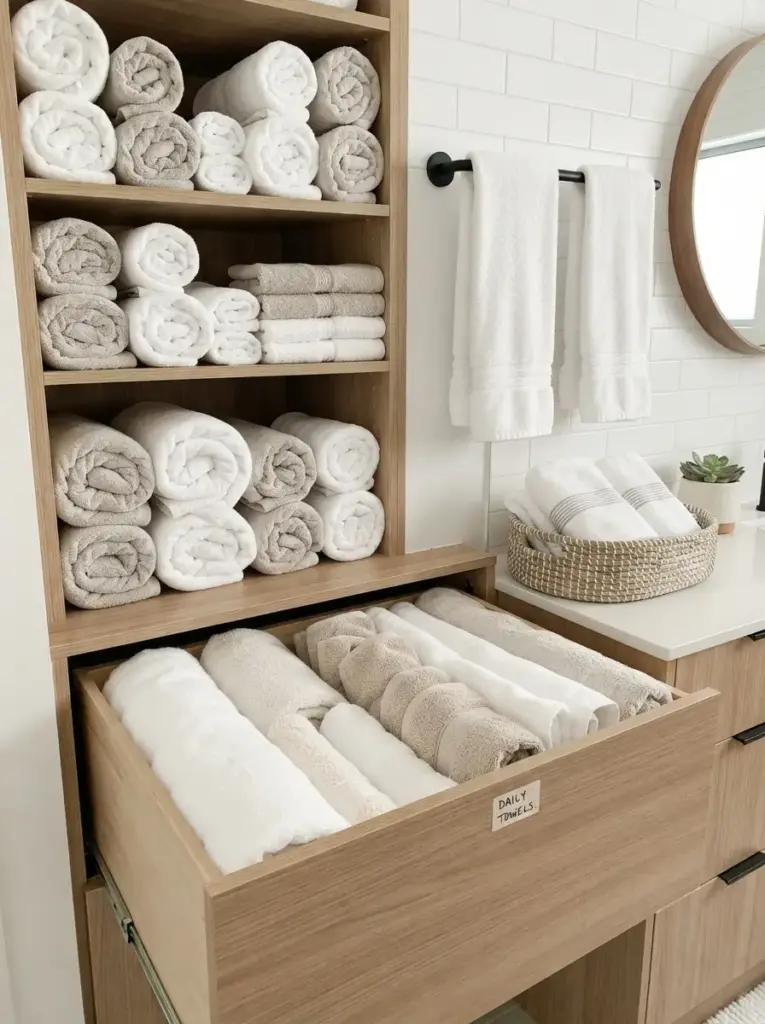 Store Towels Vertically or in Uniform Rolls