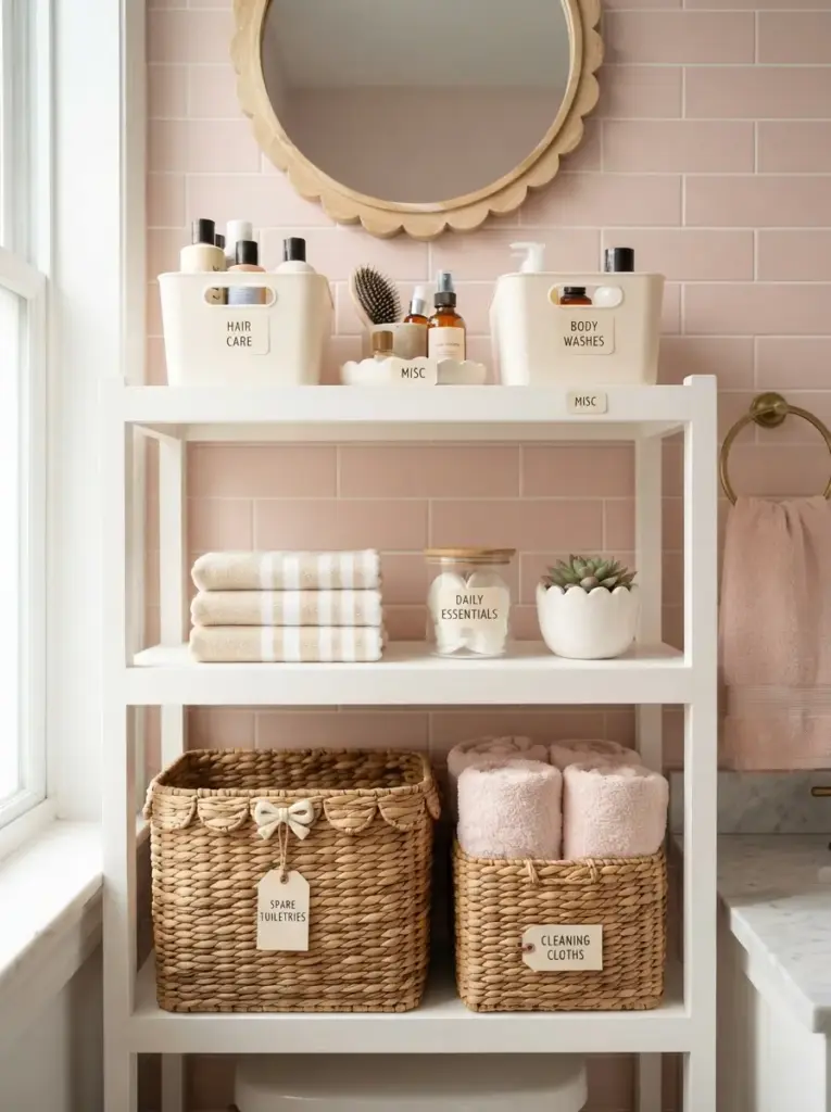 Style open shelves with baskets and folded towels