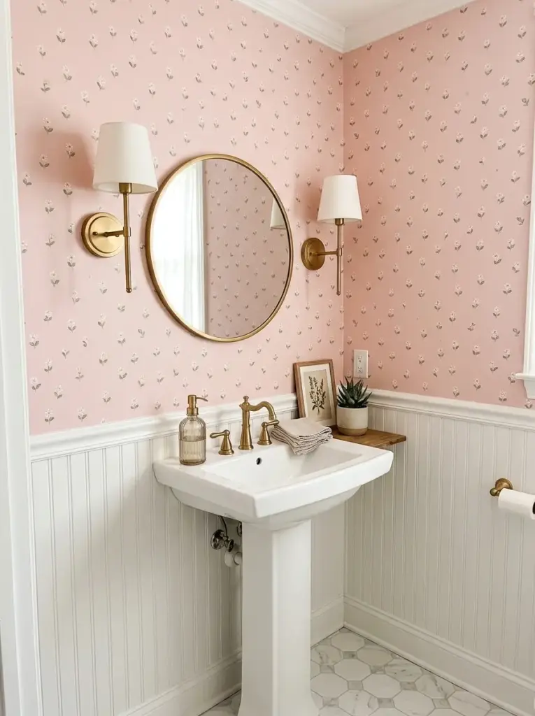 Try Peel-and-Stick Pink Wallpaper in a Powder Room