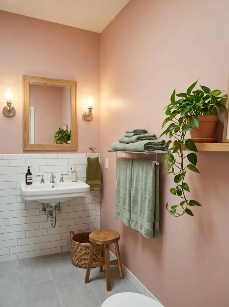 Use Blush Pink Walls with Green Towels and Plants