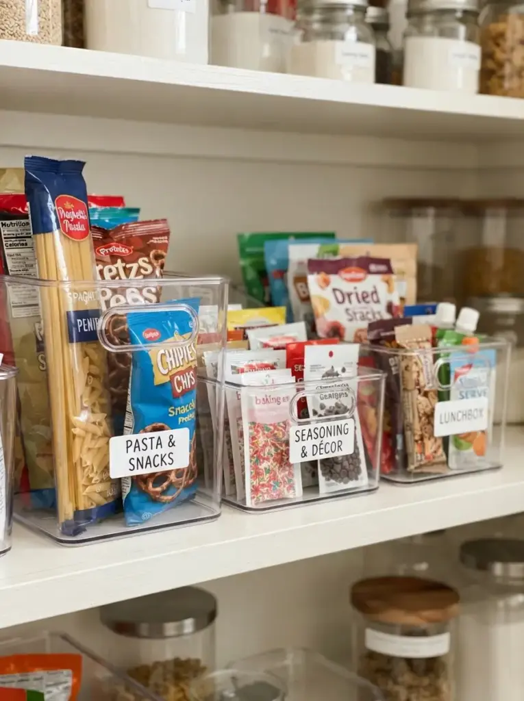 Use Clear Bins for Loose Packets and Snacks