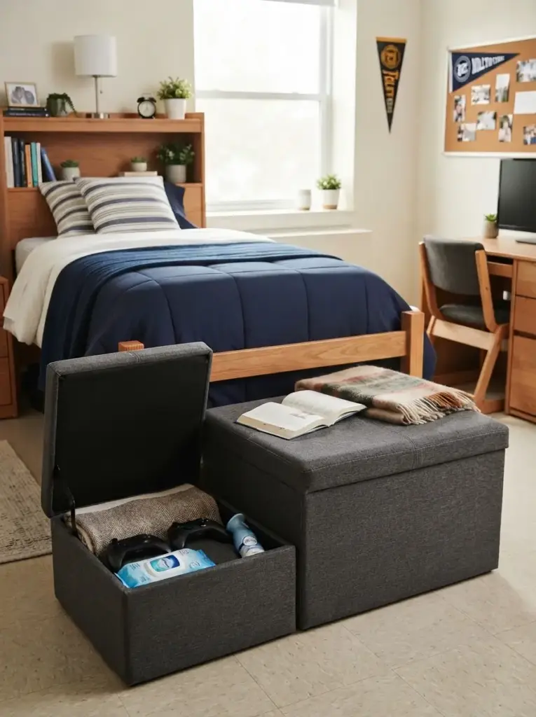Use One Storage Ottoman for Seating and Supplies