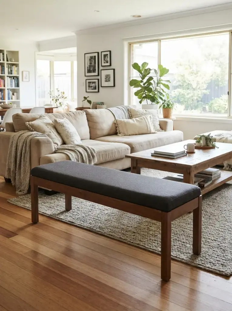 Use a Backless Bench Opposite the Couch