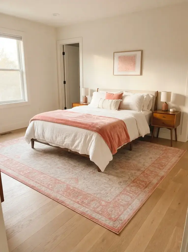 Use a Coral Rug to Define the Bed Zone