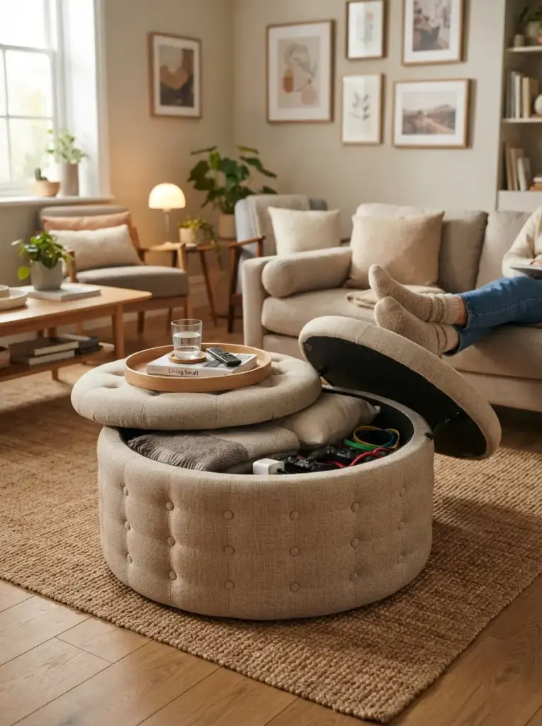 Use a Storage Ottoman Instead of a Coffee Table
