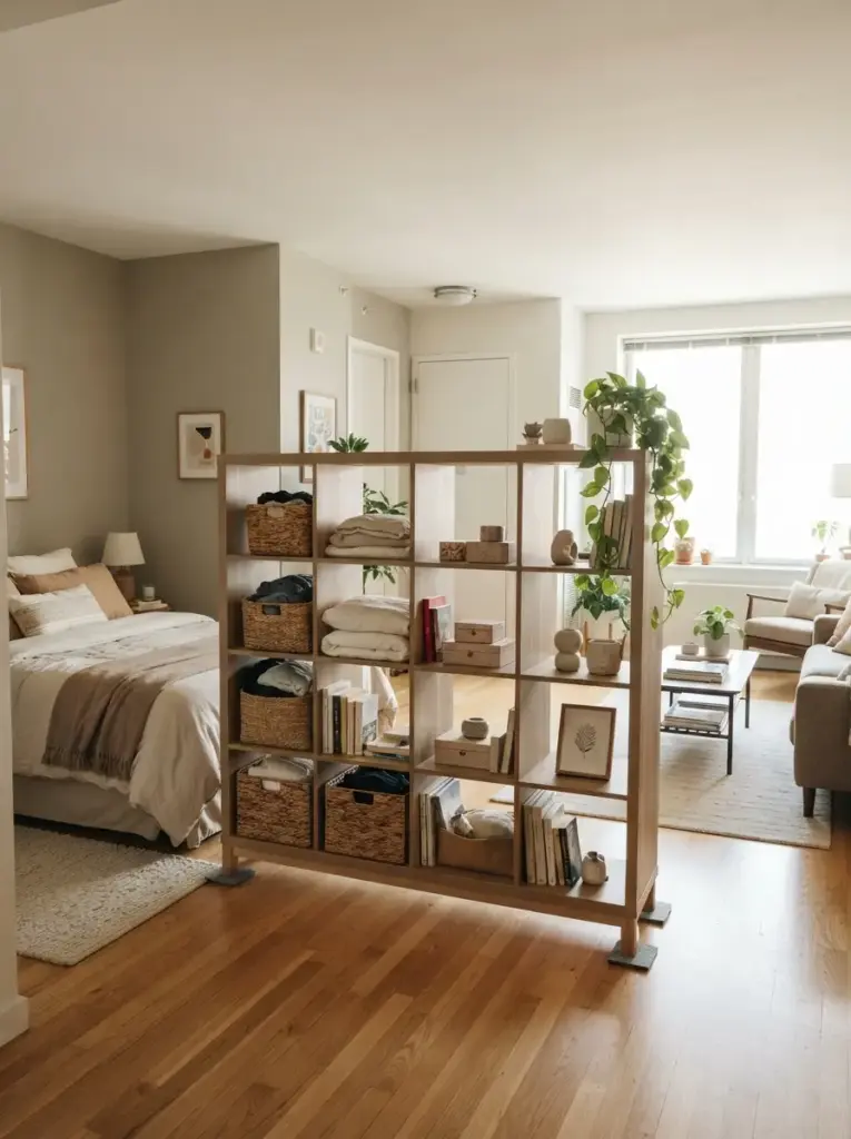 Use an open bookcase as a room divider